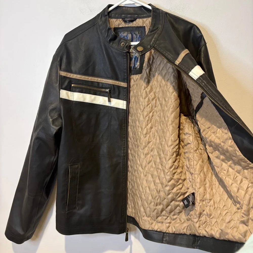 Y2K Whispering Smith Mens Faux Leather Motorcycle Jacket Black Size M Zip Pocket